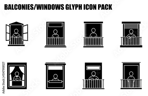 Balconies/Windows glyph icons depicting people on balconies and by windows. Simple, stylized figures in various architectural settings.