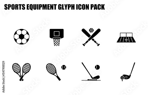 Sports equipment glyph icons in a set design. Black and white silhouette graphics of various sports equipment and playing fields.