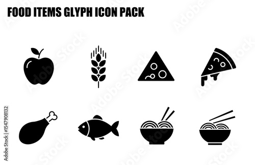 Food items glyph icon pack displaying various food items with simple, clean lines, suitable for use in applications such as websites, apps, or graphic design.