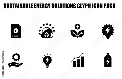 Sustainable energy solutions glyph icon set. Collection of simple, black and white icons depicting various aspects of sustainable energy.