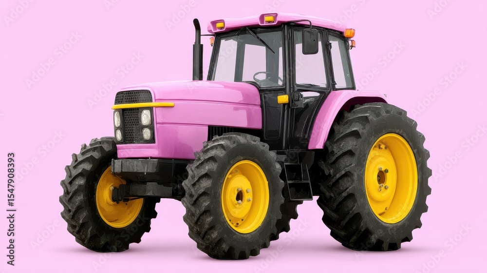 Obraz premium Eye-catching pink tractor with striking yellow wheels presenting a unique blend of agricultural utility and playful design, standing out against a minimalistic pastel background showcasing