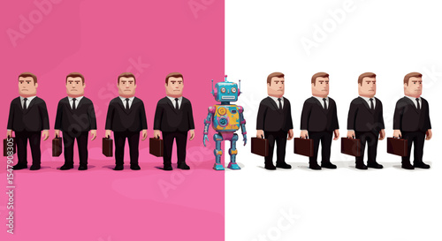 Colorful robot stands out among identical businessmen on split background vector illustration