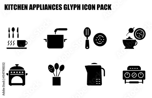 Kitchen appliance glyph icons in a set. Collection of various cooking tools and equipment in a simple, graphic design.