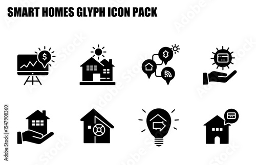 Black and white smart home glyph icons in a grid format. Collection of illustrations depicting various aspects of smart home technology.
