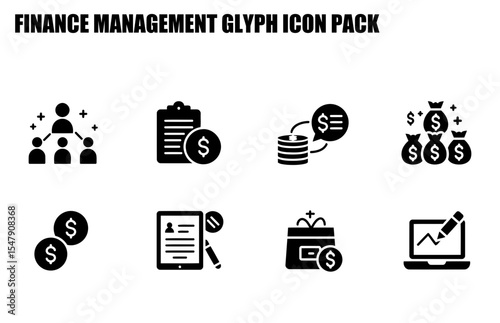 Finance Management Glyph Icons with various business functions displayed in a set, including team collaboration, documents, financial transactions, and online analysis.