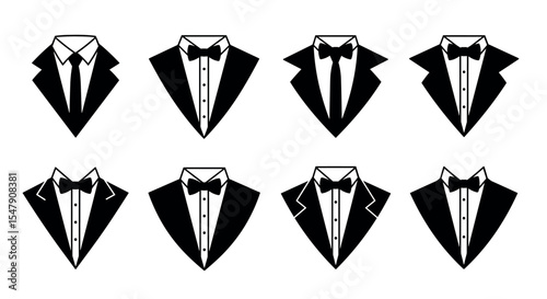 Vector icons of formal wear: diverse bow tie and neck tie designs vector illustration