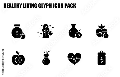 Healthy living glyph icons for a website or app featuring various nutrition and wellness elements. Set of graphic icons for a digital health and wellness application.