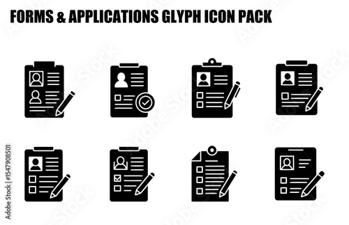 Forms and applications glyph icon pack showing various forms with person icons and checkboxes. Documents for filling in and reviewing applications.