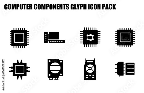 Computer components glyph icons in a technical illustration. Silhouette illustrations of various computer hardware components displayed against a plain background.