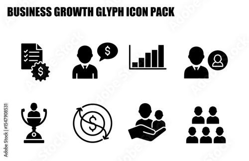 Business growth glyph icons set depicting various stages of development. Solid black figures on a plain white background.