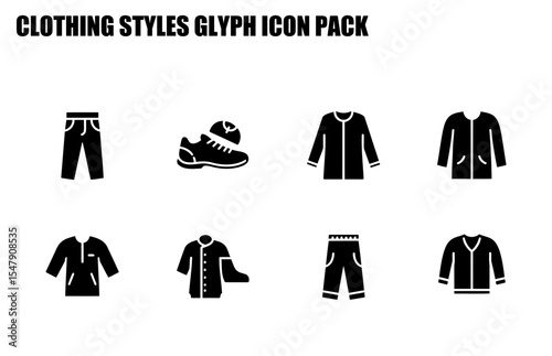 Clothing styles glyph icon pack displaying various garments in a flat design style. Different types of apparel including trousers, shoes, jackets, and shirts.