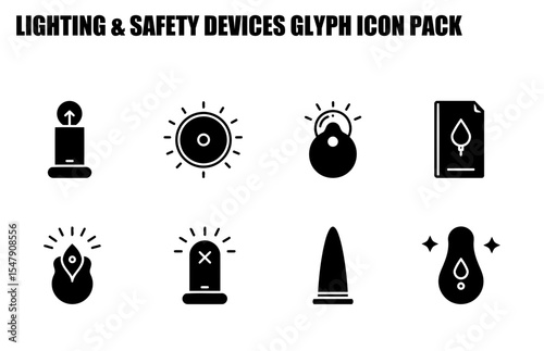 Lighting and safety devices glyph icons for general use. Set of black and white icons.