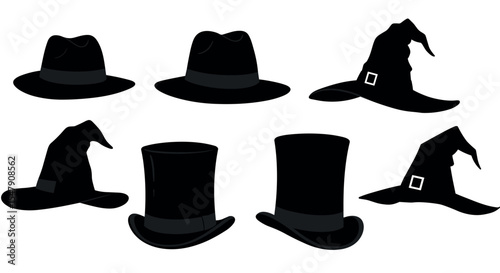 Collection of various black hats including fedoras, top hats, and witch hats vector illustration