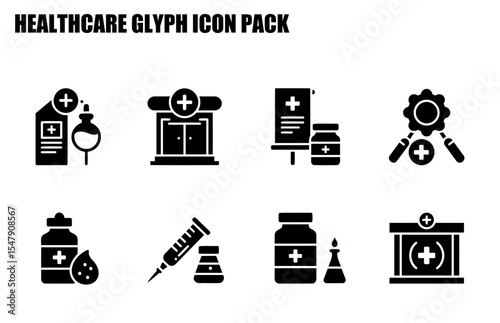 Healthcare glyph icons with medical facilities and supplies. Black and white icons depicting various medical equipment and facilities.