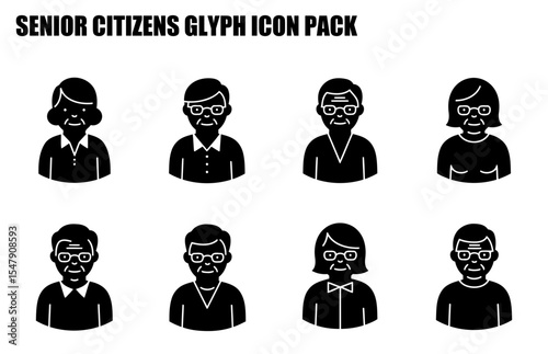 Senior citizens in casual wear, portraits with neutral expressions. Diverse senior community profile icons against a plain background.