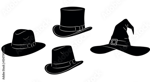 Collection of vintage hats: fedora, top hat, bowler, and witch hat silhouettes vector illustration