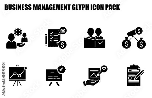 Business management glyph icons depicting various tasks and processes. Teamwork and collaboration, project management, communication, financial planning, and analysis.