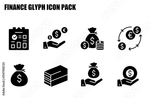 Finance glyph icon pack showing various financial elements in a flat, black and white design. Set of financial icons for a user interface or website design.