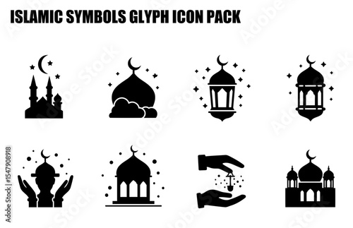 Islamic symbols glyph icon pack. Abstract silhouettes of mosques, lanterns, and prayers in a flat design.