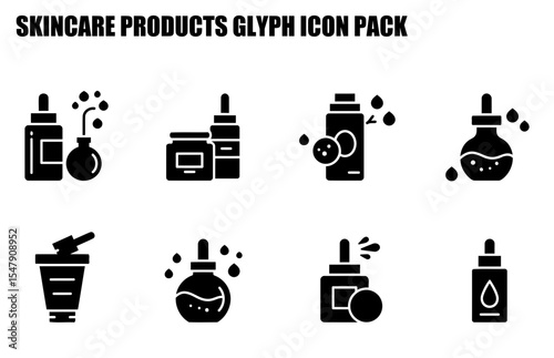 Skincare product glyph icons, various types, with different cosmetic containers, featuring bottles, jars, and tubes. Cosmetic product illustrations showcasing different types for skincare routine.