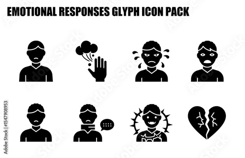 Emotional responses glyph icons for a general audience. Diverse demographic representations of common emotional states in a simple, easily identifiable format.