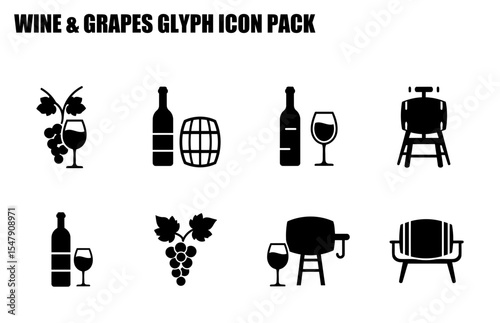 Wine and Grapes Glyph Icon Pack. Winemaking and Winery Symbols