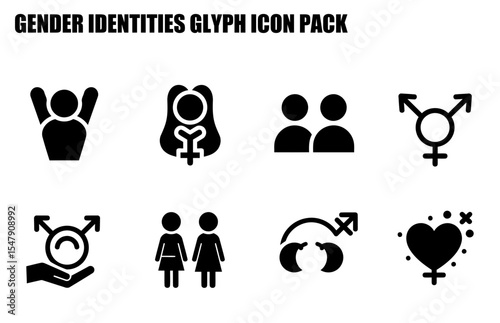 Gender identities glyph icon pack featuring diverse representations of gender identities. Simple, stylized figures and symbols on a white background.