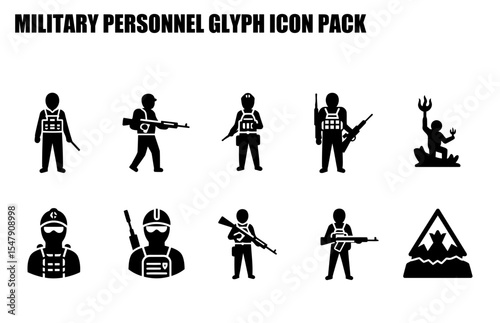 Military personnel glyph icons in various poses and situations. Armed personnel in tactical gear holding weapons, demonstrating diverse combat roles and scenarios.