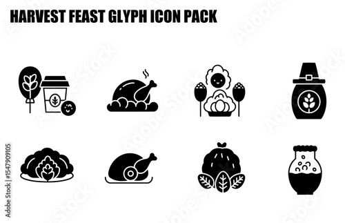 Harvest Feast Glyph Icons depicting various food and drink items. Simple black and white icons for a general harvest festival theme.