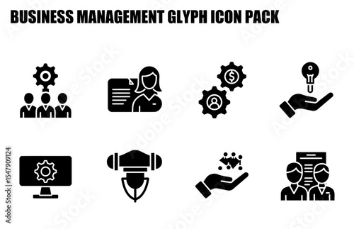 Business management glyph icons in a professional setting. Diverse team members engaged in various business management tasks.