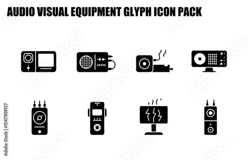 Audio visual equipment glyph icons in a studio setting. Flat, black and white icons showcasing various devices. Professional audio visual design with studio setup -