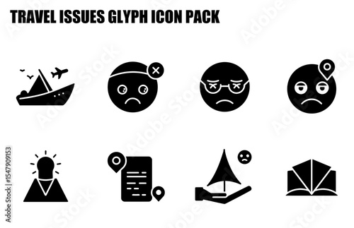 Travel issues glyph icon pack for tourism or travel industry with diverse user demographics, showing common frustrations, problems, and solutions.