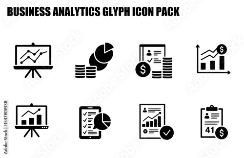 Business analytics glyph icons displayed on a white background. Simple, modern business graphics showing various data analysis, financial, and report elements.