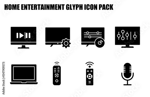 Home entertainment glyph icons for a website or app. Flat, black silhouettes of various home entertainment devices against a white background.