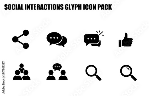 Social interaction glyph icons for a digital platform. Simple, black and white, flat icons depicting sharing, chatting, likes, groups, and search.