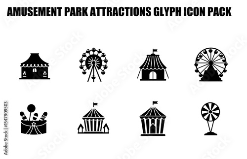 Amusement park icons showing various attractions in a simple, black and white design.
