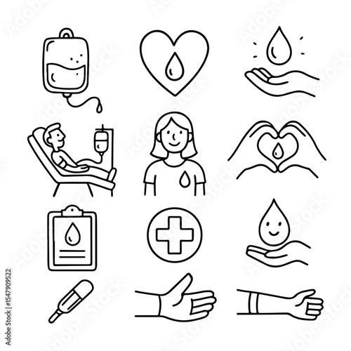 Blood donation icons vector set, featuring hand-drawn elements of blood bags, donors, healthcare symbols, and blood drops. Perfect for medical campaigns or awareness designs.