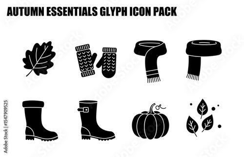 Autumn essentials glyph icons featuring leaf, mittens, scarf, rain boots, pumpkin, and leaves. Silhouette icons with no human element.