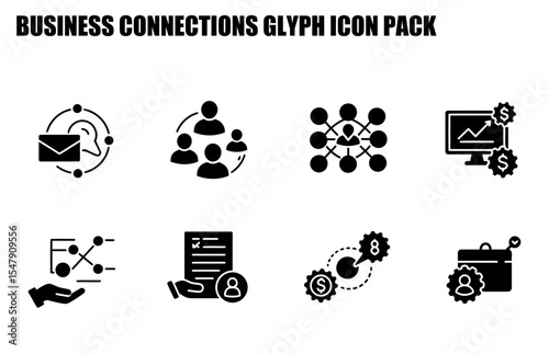 Business connections glyph icon pack showing diverse communication and networking. Modern, universal icons for business networking and management.