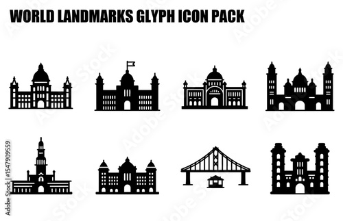 World landmarks glyph icon pack showing various architectural structures.