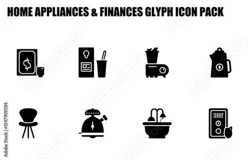 Home appliances and finances glyph icons in a simple, modern design.