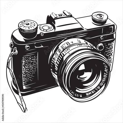 Camera silhouette vector art illustration, DSLR camera black silhouette vector, Simple silhouette Design vector icon with white background, A sleek, black silhouette of a DSLR/SLR camera