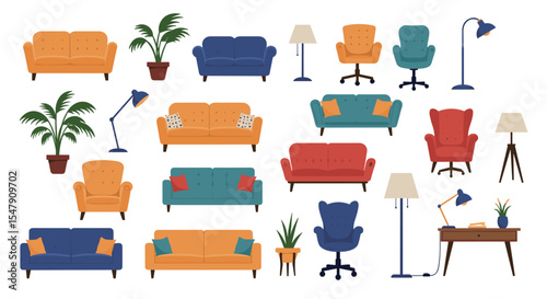 Colorful sofa and chair collection with plants and lamps in various home interiors vector illustration
