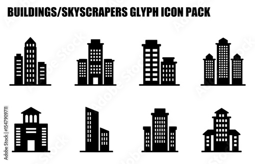 Silhouette illustrations of various skyscraper and building types in a flat design style. Collection of building icons for design assets or graphic use.