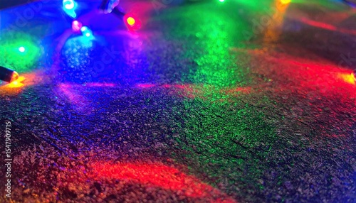 Colorful LED String Lights on Wood Background.