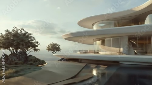 Modern luxury waterfront villa with flowing curved architecture featuring multiple levels and infinity pool overlooking serene lake surrounded by natural landscape