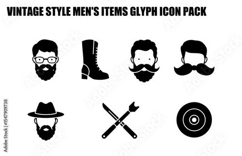 Vintage style men's fashion items, glyph icons in a collection. Stylish men's apparel and accessories displayed with minimalist designs and solid colors.