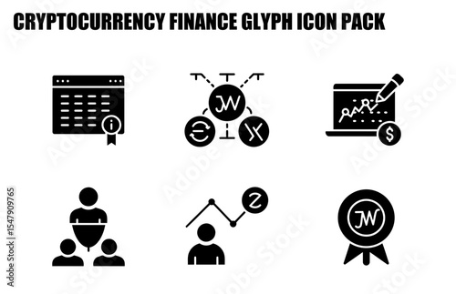 Cryptocurrency finance glyph icons for a business platform in a white background. Set of simple, black and white icons for a cryptocurrency finance app/website.