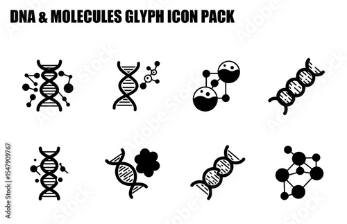 DNA & Molecules Glyph Icon Pack displaying various representations of DNA molecules and associated molecules in a simple, graphic style.