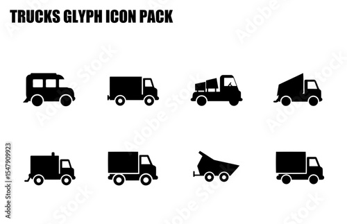 Black and white silhouette icons of various types of trucks in a grid layout. Different truck types for transportation, construction, and delivery.